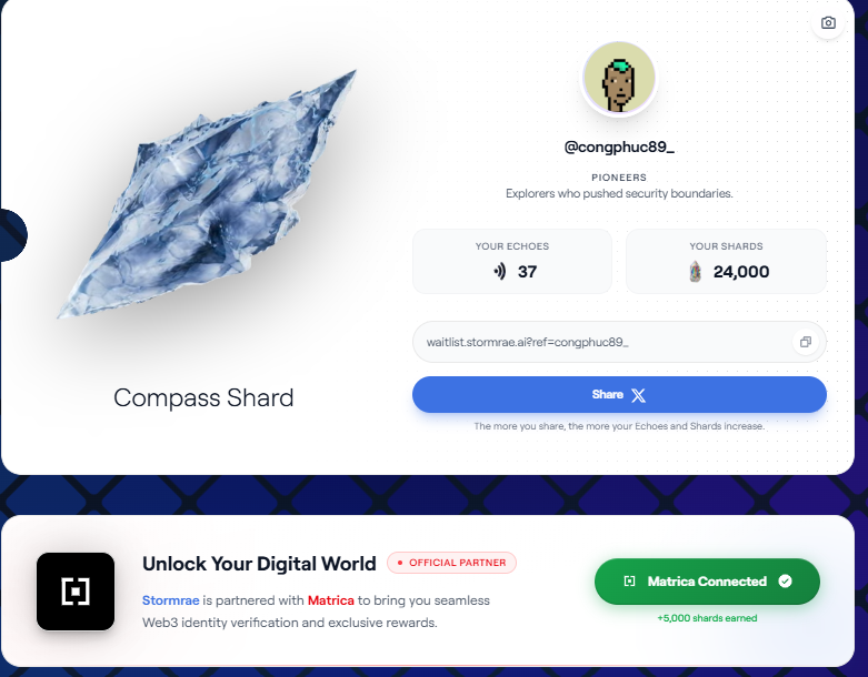 congphuc89's tweet image. Anh em chiến kèo @stormrae_ai  này thì vào làm thêm nhiệm vụ nhận 5000 shards nhé. 

Tạo tài khoản Matrica :
matrica.io/home
- Kết nối ví liên kết các tài khoản Social .
- Vào liên kết với Stormrae:
waitlist.stormrae.ai/?ref=congphuc8…

Kèo được nhiều Kols lớn shill,…