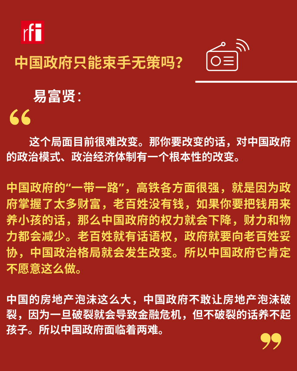 RFI_Cn's tweet photo. 近日，中国人口问题引发热议。官方公布，中国2025年的出生率降至1949年有记录以来的最低水平。据联合国的人口模型预测，到2100年，中国人口可能从目前的14亿减少到6.33亿，但易富贤@fuxianyi估计只有 3亿。到时候这个曾占世界总人口1/3的大民族，就会成为占3%人口的一个小民族，并且老龄化极其严重。 https://t.co/NHEnH3krTp