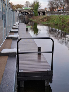 DubCityCouncil's tweet photo. Exciting updates from the Royal Canal Phase 3 Scheme! Jetty works at Portland Lock Apartments which began in November, are nearly complete. In December, the access gate was relocated and laurel bushes were replaced with native holly. Installation of additional railings near Binns Bridge is ongoing. #ActiveTravelNetwork