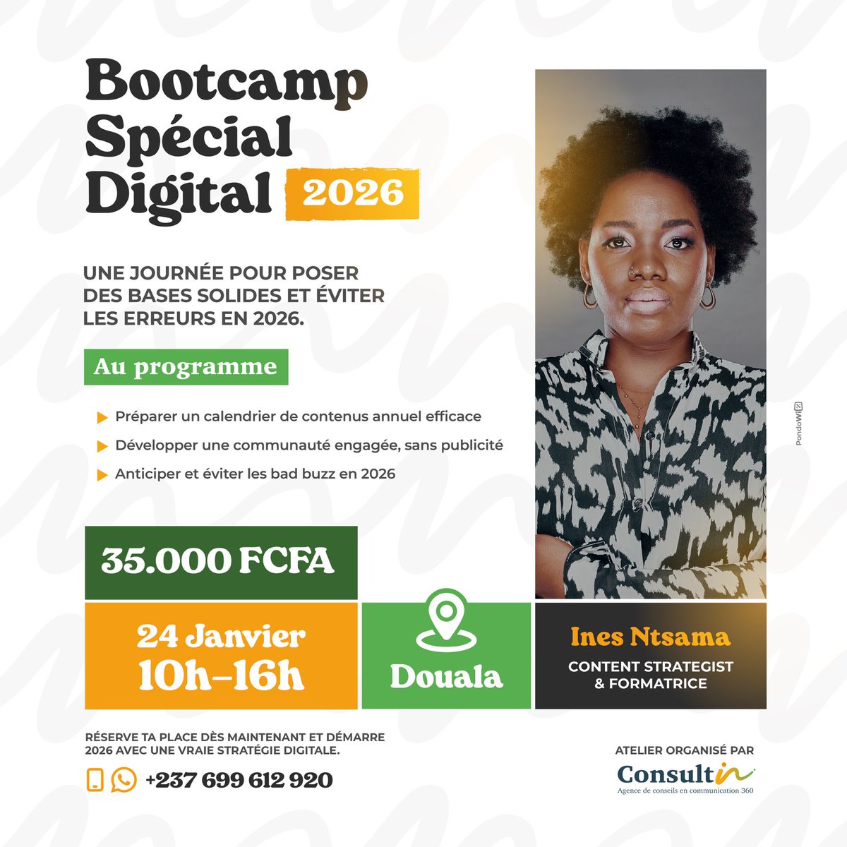 Ntsama29's tweet photo. Nous sommes en 2026‼️Si tu postes sans stratégie,
si tu doutes de quoi dire, quand poster et comment attirer des clients, 
alors sache qu’il reste quelques places seulement à mon bootcamp intense 👌🏾Intéressé(e) ?
Écris-moi au 📲 699612920 et je t’envoie toutes les infos. https://t.co/46ptZCSJfQ