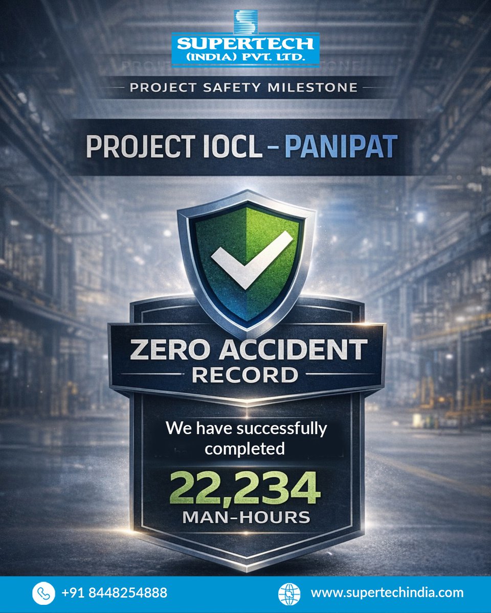 supertech_india's tweet photo. Delivering projects safely is the first measure of success. Supertech India Pvt. Ltd. achieves 22234 man hours with zero Lost Time Injury at the IOCL Panipat project reflecting strong safety culture discipline and teamwork.

#SafetyFirst #ZeroLTI #SafetyMilestone #Construction https://t.co/LWMnivxcBy