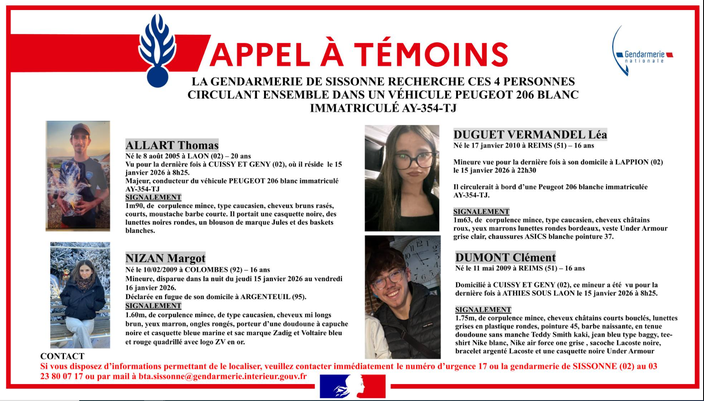 CerfiaFR's tweet image. 🚨🇫🇷 ALERTE INFO | La gendarmerie a lancé un appel à témoins pour DISPARITION inquiétante afin de retrouver Thomas, Clément, Léa et Margot, qui n’ont plus donné de nouvelles depuis cinq jours. Âgés de 16 à 20 ans, ils ont disparu le soir du 15 janvier et demeurent introuvables.…