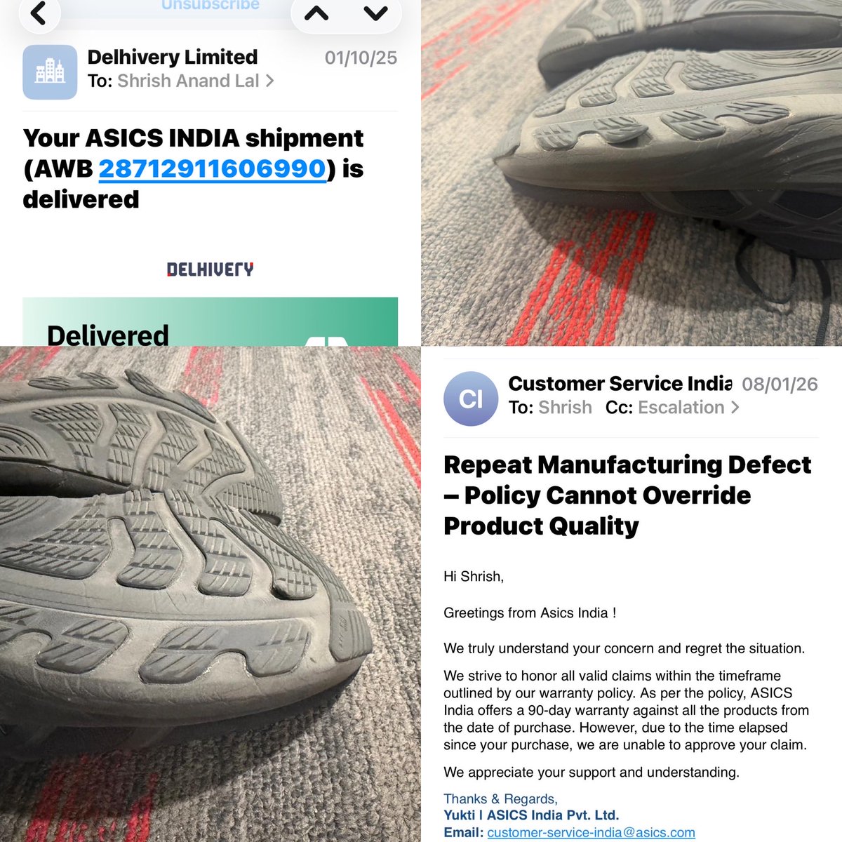 shrish_lal's tweet photo. Second ASICS shoe, same manufacturing defect.
First time I was pushed into a voucher and paid extra again. Now the replacement has failed too.

“Out of 90-day warranty” is not a quality excuse.

Indian customers deserve better.
@ASICS_India please take responsibility. @Runkeeper https://t.co/qAhJuUWyW1
