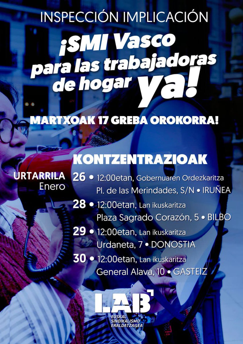 👉🗓️ urtarrilaren 28an Etxeko langileak kaleak hartuko dituzte‼️

🚨 Demandamos que se negocie un SMI vasco para las trabajadoras de hogar.  Etxeko langileentzako gutxieneko soldata bat negoziatzea eskatzen dugu.

🪢Hitzarmena orain!