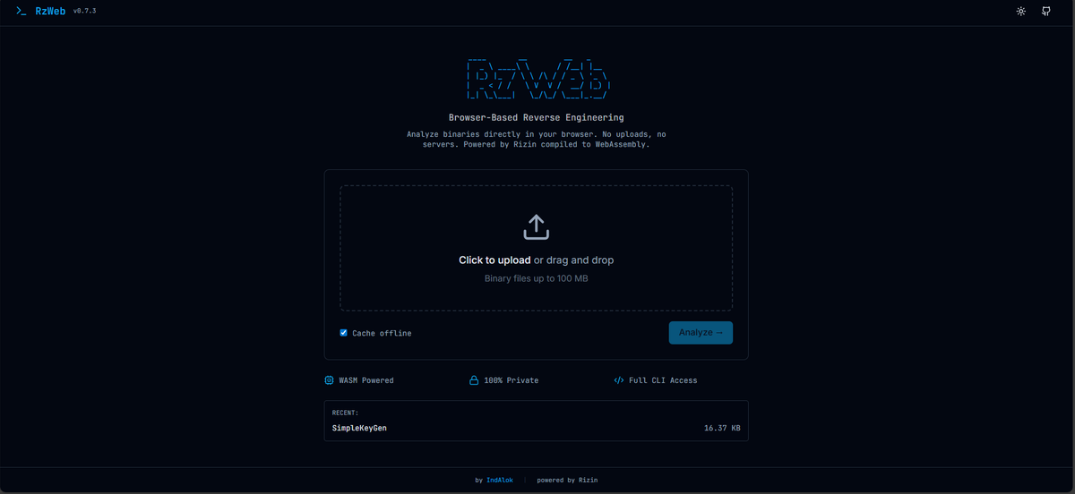 rzweb : A complete browser-based reverse engineering platform built on Rizin, running entirely client-side via WebAssembly : github.com/indalok/rzweb