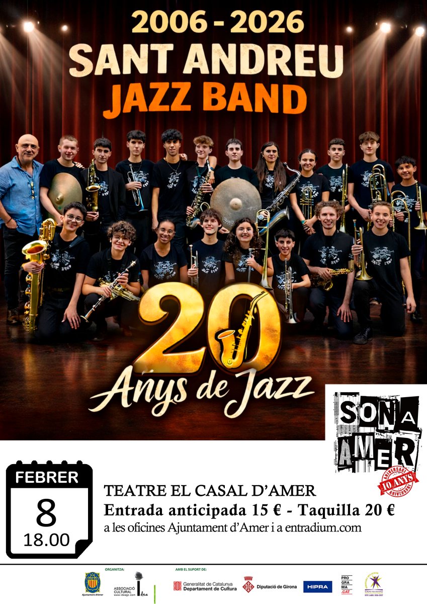 Diumenge 8 febrer la Sant Andreu Jazz Band. 
Entrades a entradium.com/events/sant-an…
Nascuda el 2006 com a projecte educatiu i dirigida per Joan Chamorro, s’ha convertit en una gran orquestra de jazz jove (9-20 anys). Un directe vibrant que connecta amb el públic des del primer compàs