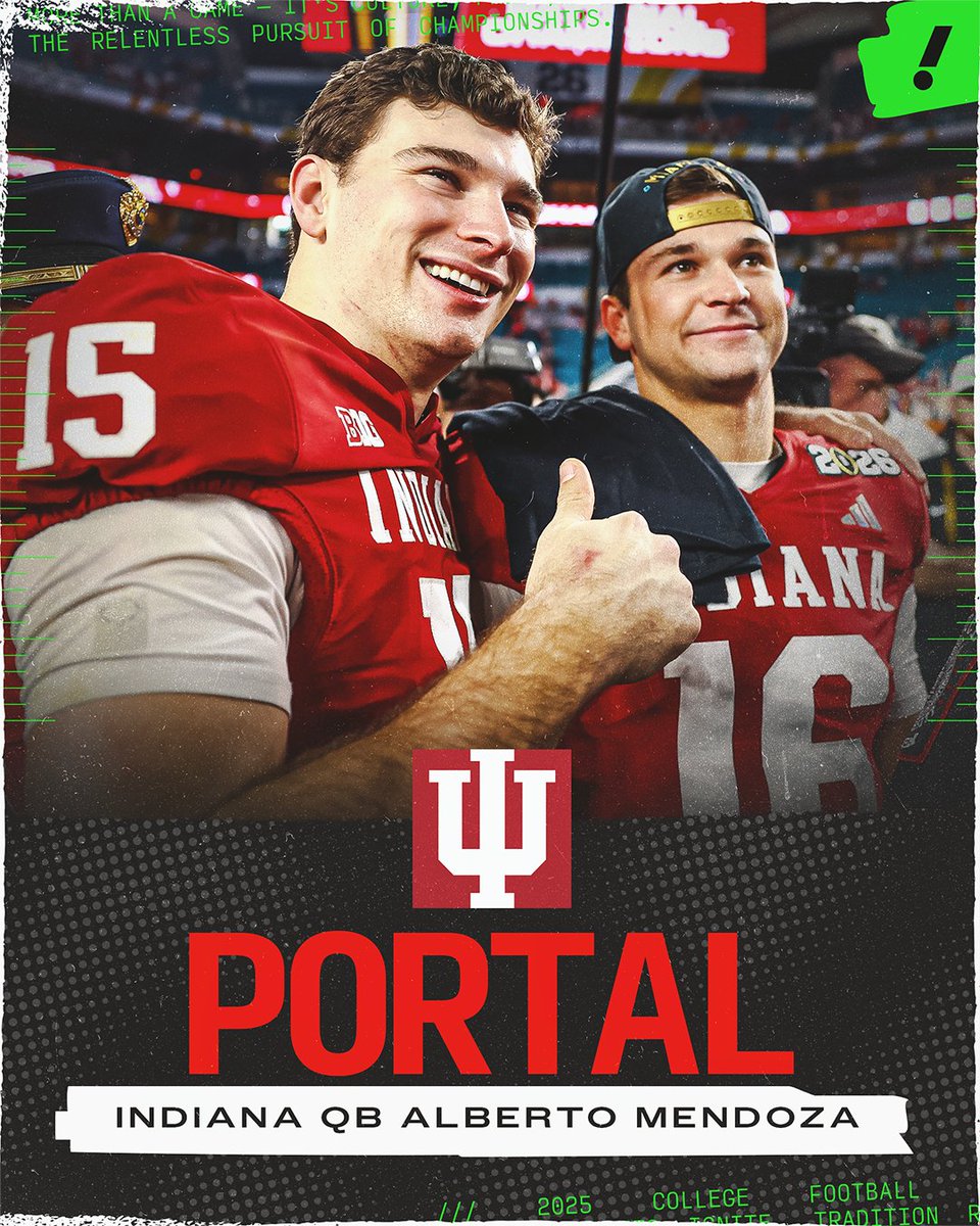 YahooSports's tweet image. BREAKING: Indiana QB Alberto Mendoza plans to enter the transfer portal after the Hoosiers’ CFP title win on Monday, per On3.

Alberto recorded 286 yards and 5 TDs this season, backing up his brother, Fernando, who won the Heisman this year.