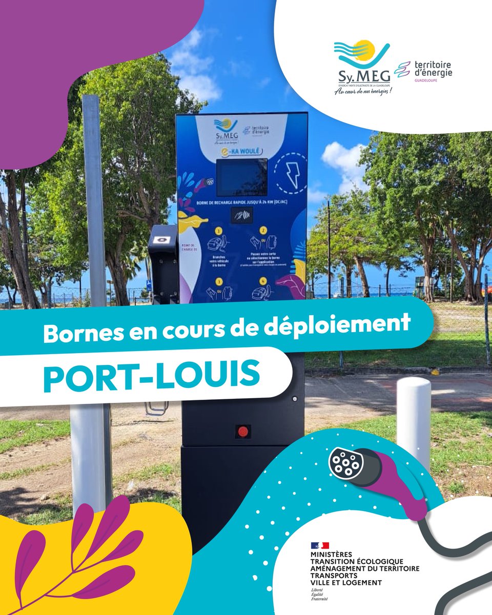 #BornesDeRecharge | 🚙⚡️ 6 bornes sont en cours de déploiement à Port-Louis !

5 sont déjà installées à :
・la Mairie
・la plage du Souffleur
・Rue Sonny Rupaire
・Stade du bourg
・Stade de Pelletan

Et la dernière sera bientôt installée au :
・Port de pêche