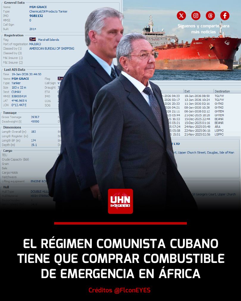 🇨🇺🇻🇪🇺🇸‼️ | LO ÚLTIMO — Tras la captura de Nicolás Maduro por Estados Unidos, el Partido Comunista cubano se ve obligado a comprar combustible de emergencia en África, enviando el tanquero MIA GRACE rumbo a La Habana con 17 mil toneladas pagadas con la fortuna amasada por el