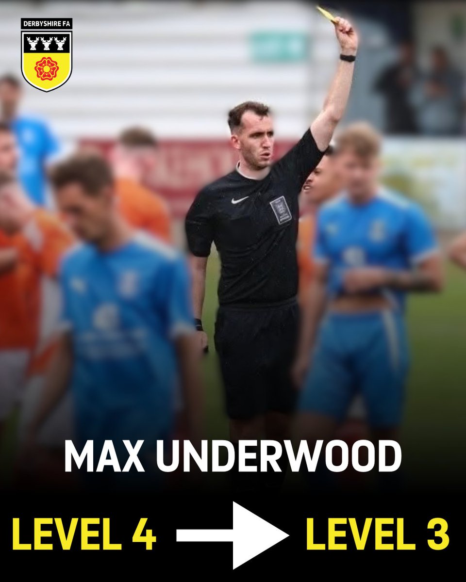 DerbyshireFA's tweet photo. Big congratulations to Max Underwood 👏⚽

A huge milestone as Max steps up from Level 4 ➡️ Level 3 referee.

Well deserved, Max 💪 https://t.co/MqWkF7hSAv