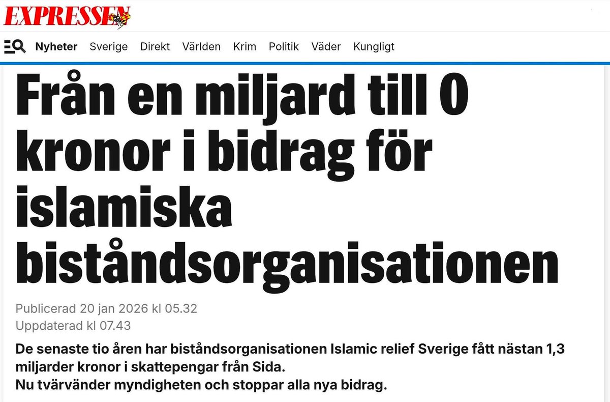 Vad har Magdalena Andersson hållit på med? 

Efter flera års påtryckningar från Sverigedemokraterna, och så småningom regeringen, har utbetalningar av svenskarnas skattepengar till Islamic Relief nu äntligen stoppats helt. Inte en dag för tidigt. 

Detta är en seger för Sverige