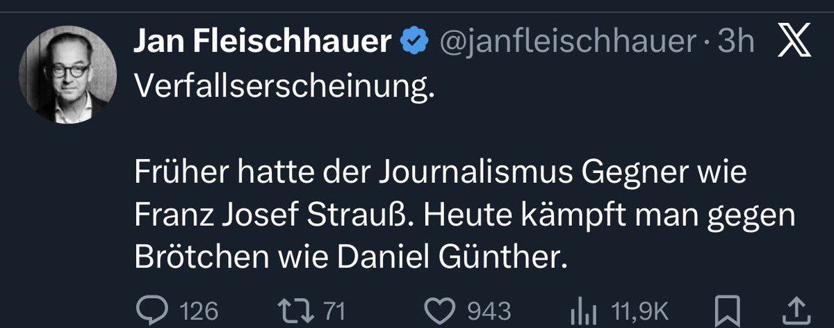Früher galten die Journalisten als besonders gut, die mit Akribie und Ausdauer Fakten recherchierten und damit Skandale aufdeckten, Heute finden sich die Journalisten selbst gut, die besonders stark dahermeinen. <a href="/janfleischhauer/">Jan Fleischhauer</a>