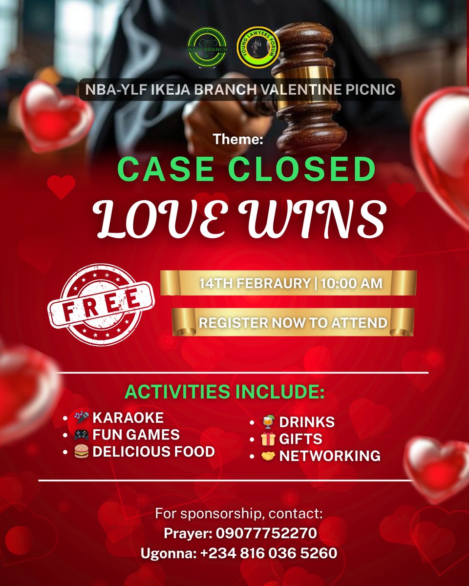No objections here! ❤️ Join the NBA IKEJA Young Lawyers Forum for a day of networking and fun!. Let’s trade the billable hours for a golden hour of cocktails and conversation. Whether you’re looking for a ‘partner’ or just some great company, we’ve got you covered.
