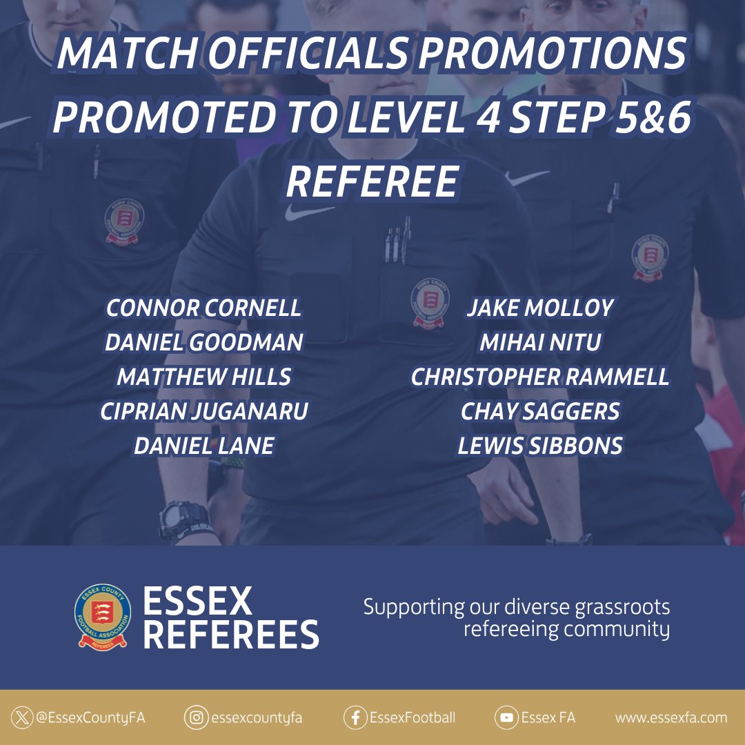 EssexReferees's tweet photo. 📈 Congratulations to the 1⃣0⃣ @EssexCountyFA referees who have been promoted by @FARefereeing to Level 4 Step 5&amp;6 Referee. https://t.co/O4mjjogrnH