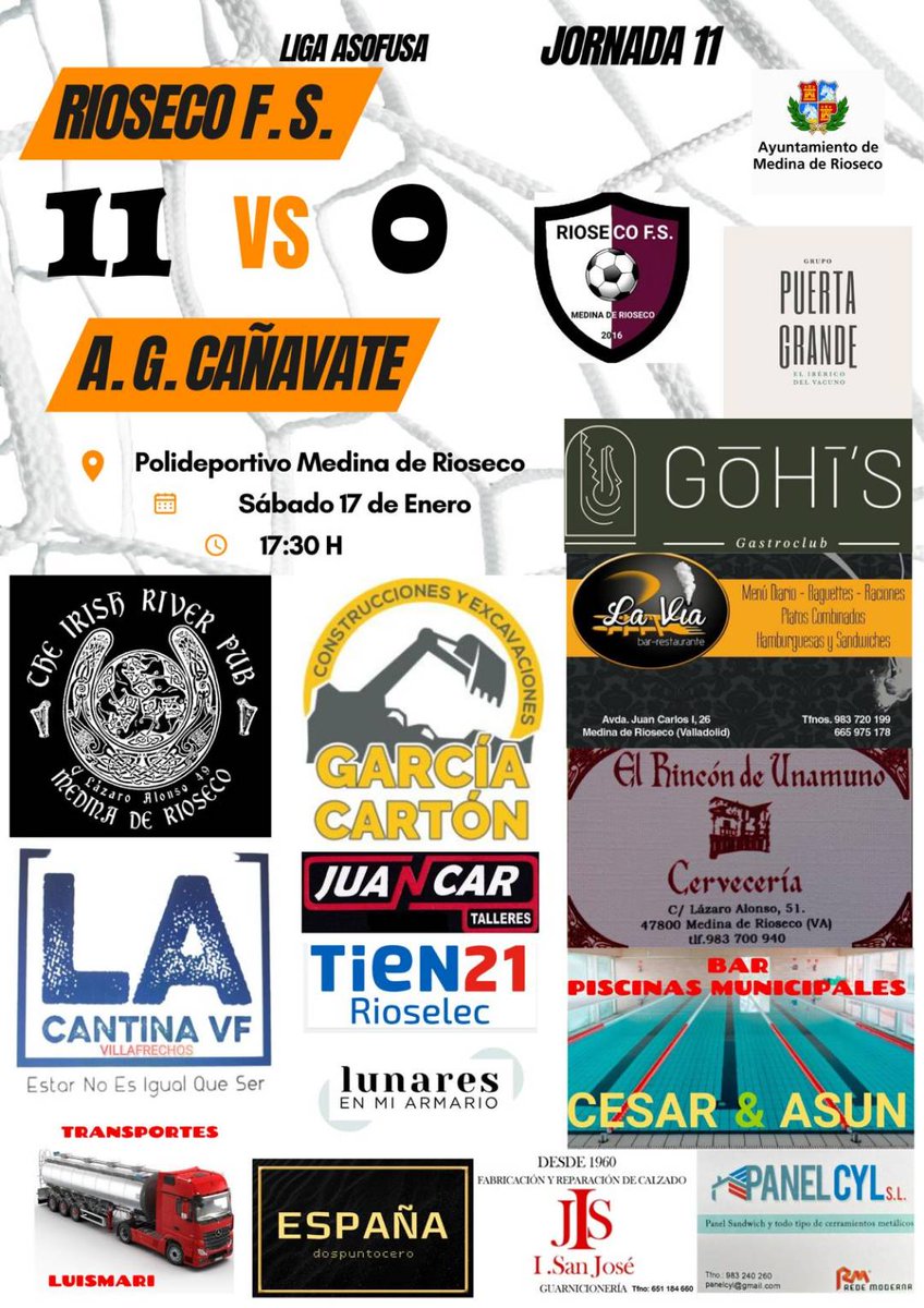 🏆 11° Jornada Liga Asofusa ORO-PLATA GRUPO II.

⚽ <a href="/RIOSECO_FS/">RIOSECO F.S.</a> 11-0 A.G. CAÑAVATE

🥅 Goles (Tomás, Javi, Sergio, Guindi (2), Gómez (2), Paco(2), Giron (2))

#VamosRiosecoFS 💪🏽