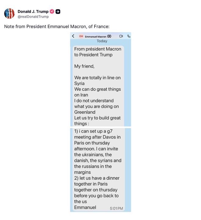 Donald Trump filtrando mensajes de Emmanuel Macron, para humillar aún más a los líderes europeos. 

El problema no está en la falta de escrúpulos de este tipo sino en la actitud vasalla de la Unión Europea. 

Sin soberanía real siempre estaremos subordinados al imperio. 🤦🏻‍♂️