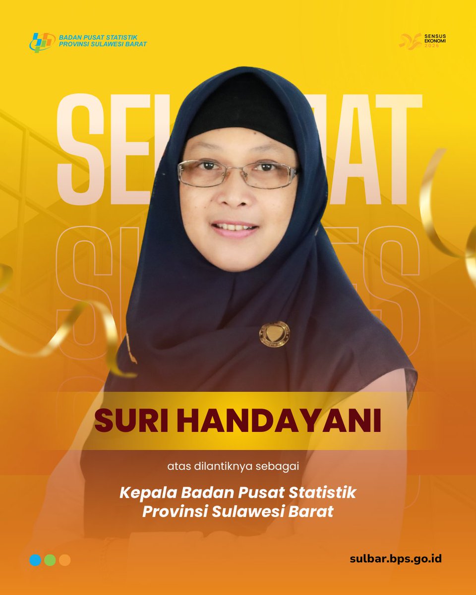 𝗞𝗲𝗽𝗮𝗹𝗮 𝗕𝗣𝗦 𝗣𝗿𝗼𝘃𝗶𝗻𝘀𝗶 𝗦𝘂𝗹𝗮𝘄𝗲𝘀𝗶 𝗕𝗮𝗿𝗮𝘁: 𝗜𝗯𝘂 𝗦𝘂𝗿𝗶 𝗛𝗮𝗻𝗱𝗮𝘆𝗮𝗻𝗶

Selamat bertugas Ibu Suri Handayani sebagai Kepala BPS Provinsi Sulawesi Barat. 

​Semoga amanah &amp; bijaksana dalam membawa semakin maju, unggul, dan berdampak bagi masyarakat.