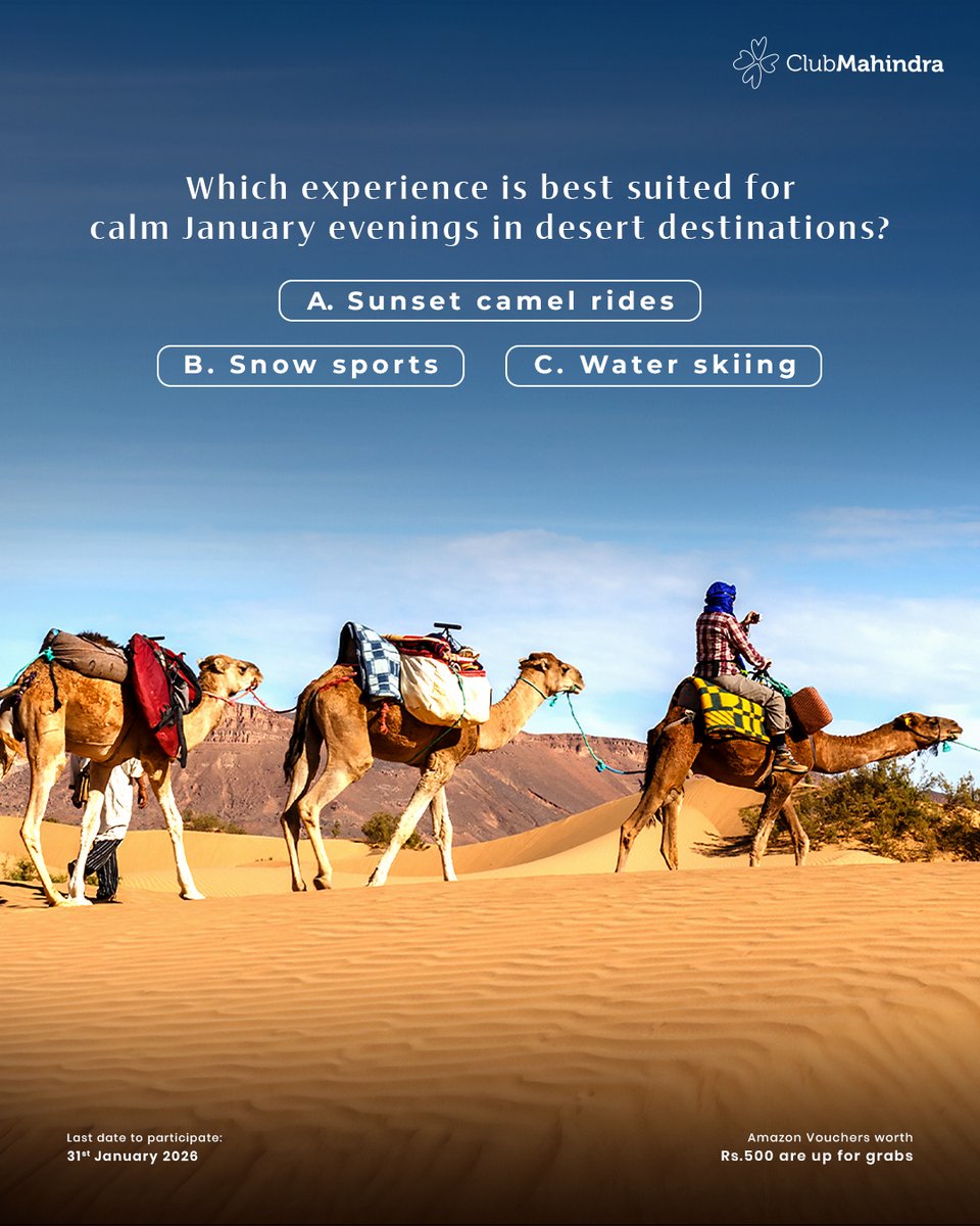 🎊 #ContestAlert | Day 2 #NewBeginnings with #ClubMahindra

Answer today's question &amp; stand a chance to win ₹500 Amazon vouchers! 🎁

How to enter:
- Comment with #NewBeginnings and #ClubMahindra
- Tag <a href="/clubmahindra/">Club Mahindra</a> + 4 friends (mandatory)
- Participate in all 10 posts