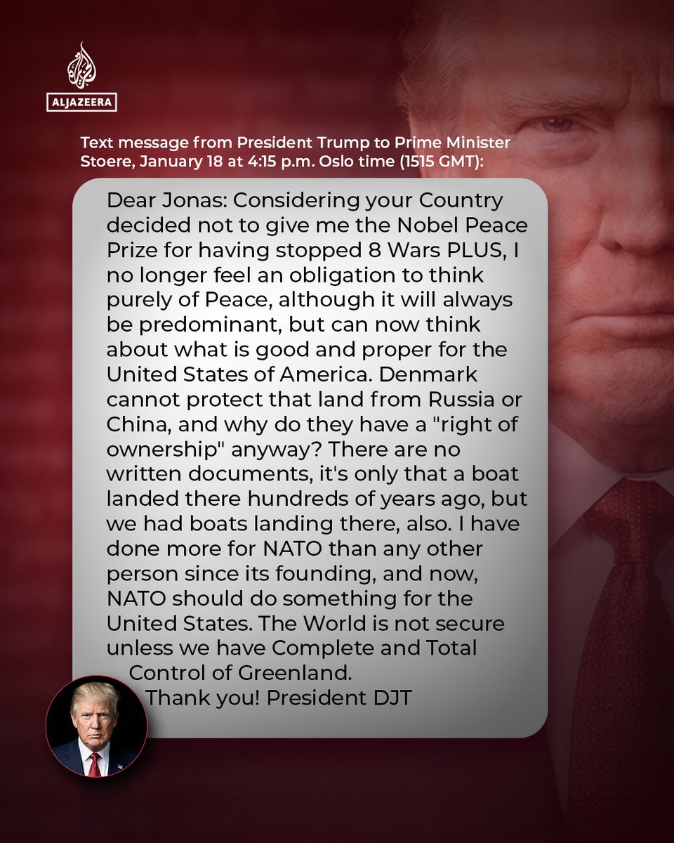 Here is the full text of the exchange between Norwegian PM Jonas Gahr Stoere and US President Donald Trump regarding Greenland, trade and the Nobel Peace Prize, as released by Norway's gov't.