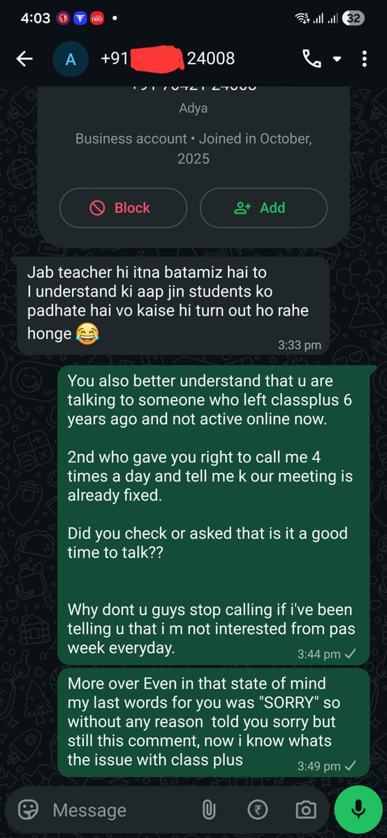 pardeepjha's tweet photo. Shocking conduct by @ClassplusApps  sales. I haven't used the platform in 6 years, yet I face harassment (4 calls/day) despite saying no.
When I objected today, your agent "Adya" resorted to personal abuse, Is this your standard training? @mukul_rustagi https://t.co/cS0uA1WAYg