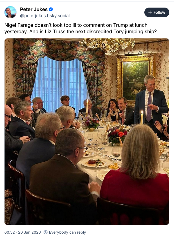 SusanChubb1's tweet photo. Nigel Farage turns up (like the 'bed penny' he is ) after an absence ; at a posh lunch; (quelle surprise ) to his lleft that looks like #JTWOrr to me? ( #OxCamArc/ #UKFreeportHell #CambridgeUni #NigelBiggar #Carbynne #Thiel #JDVance #Theil ) https://t.co/2drCFQbALP