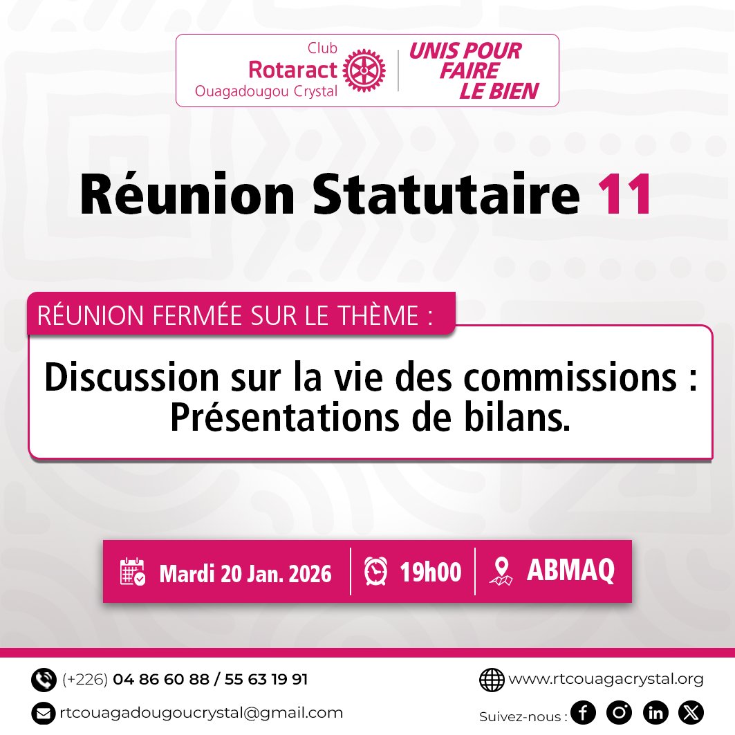 RotaractCrystal's tweet photo. Réunion statutaire 11 au Club Rotaract Ouagadougou Crystal : ce mardi 20 janvier 2026, les membres se retrouvent pour une réunion fermée dédiée à la vie des commissions et à la présentation de leurs bilans.

Réservé exclusivement aux membres du club. https://t.co/hIc43TDr72