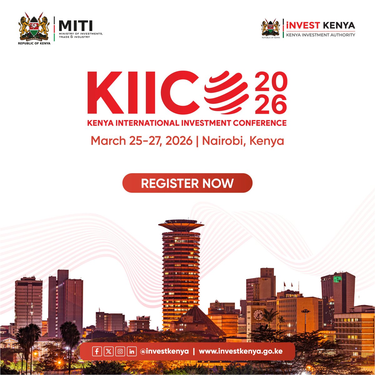 JohnMwendwaOGW's tweet image. Save the Date!

Kenya's flagship investment gathering is here. Join us for the Kenya International Investment Conference (KIICO) taking place March 25th–27th 2026 in Nairobi. 

Come and connect with international investors, government leaders, and industry dealmakers shaping…