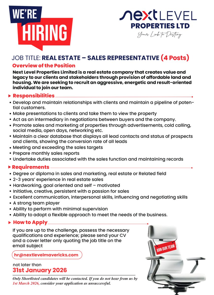 NLPKenya2025's tweet photo. 🚨 WE’RE HIRING – SALES INTERVIEWS ONGOING! 🚨
Are you driven, confident, and hungry for results?
This is your chance to join a fast-growing real estate company that rewards performance and ambition.
📌 Position: Real Estate Sales Representative (4 Posts)
📌 Industry: Real Estate
📌 Growth-focused | Commission-driven | Results-oriented
If you’re ready to sell, grow, and build a solid career in real estate—we want to meet you.
📧 Send your CV & cover letter to: hr@nextlevelmavericks.com
🗓️ Deadline: 31st January 2026