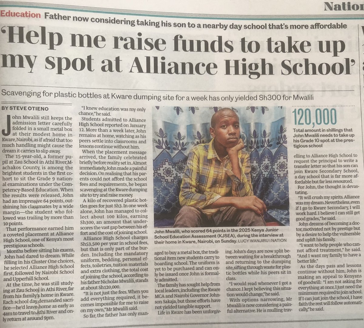 RaphaelObonyo's tweet photo. His story was painful to hear
Spoke to, father to John Mwalili. 
Got good news 👉Mwalili has taken up his spot at Alliance High School, and fees for one year is settled. https://t.co/cPEiHoMA1O