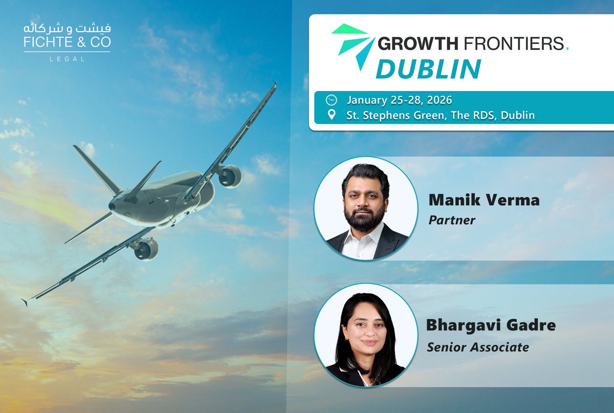 From London to Dublin, our Ship &amp; Aviation Finance team heads to Airline Economics Growth Frontiers Global to discuss capital, asset strategy and what’s shaping aviation finance in 2026. Manik Verma and Bhargavi Gadre will be in Dublin. Get in touch! fichtelegal.com/contact-us/