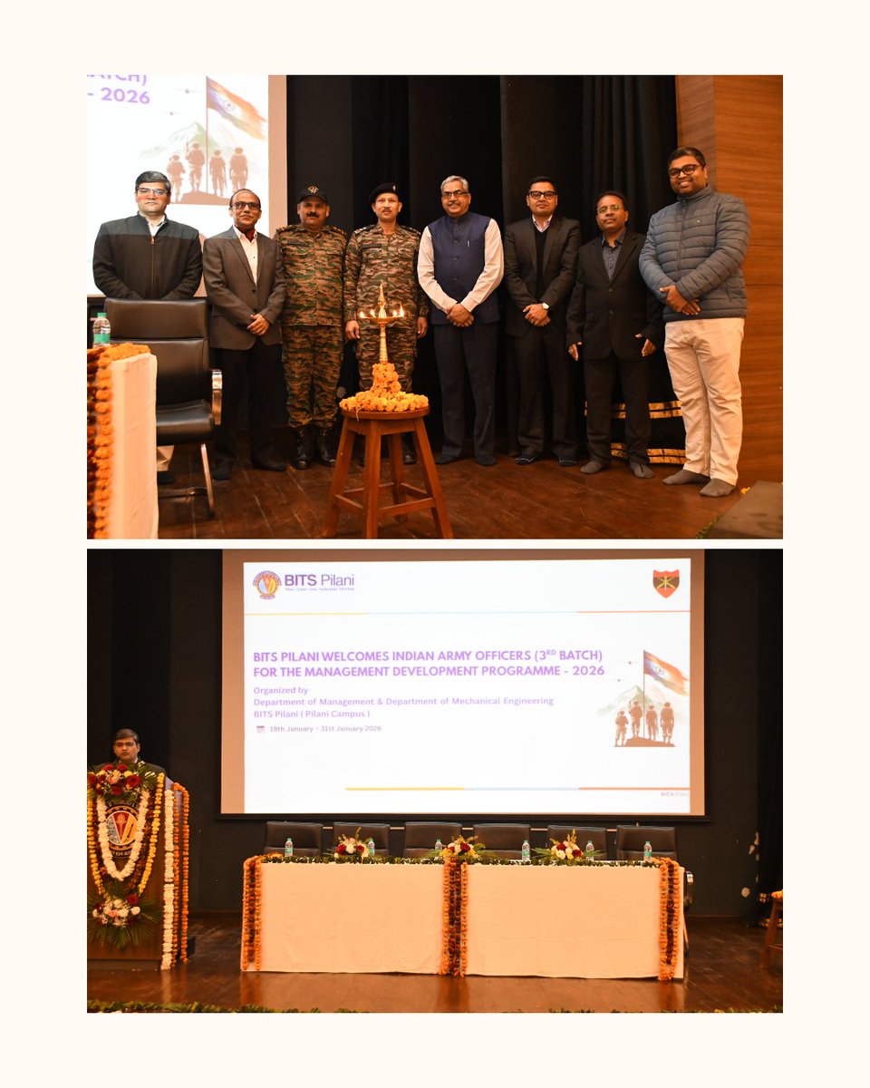 bitspilaniindia's tweet photo. Birla Institute of Technology and Science, Pilani, is honoured to welcome officers of the #IndianArmy for the Third Cohort of the Management Development Programme (MDP) on IT, Inventory Management, and Accounting. The programme was inaugurated on 19 January 2026 by Prof Sudhirkumar V Barai, Director, Pilani Campus, and Col. Soumyabrata Chakraborty, Registrar, in the presence of other distinguished dignitaries. 

Jointly designed and delivered by the Department of Management and the Department of Mechanical Engineering, the #MDP is coordinated by Prof. Srikanta Routroy, Prof. Satyendra Sharma, and Prof. Saurabh Chadha . Conducted under an MoU with the Army Training Command (#ARTRAC), the programme is part of a long-term collaboration to deliver multiple cohorts over the next three years.

The third cohort comprises 50 Junior Commissioned Officers from diverse regiments across the country. #BITSPilani warmly welcomes the participants and wishes them a meaningful and enriching learning experience. 

#BITSPilani #IndianArmy #DefenceCollaboration #NationBuilding