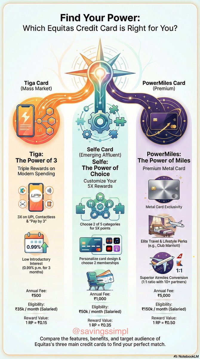 SavingsSimpl's tweet photo. ☕➡️✈️ From UPI chai to international flights… Equitas covers it all.
Yes, even a metal card is an option ✨
💳 Equitas Credit Cards: Tiga | Selfe | PowerMiles
Apply now 🔗 https://t.co/icJqlefSFb
🔹 Tiga Credit Card
Pay-by-3 feature + 3X rewards on UPI & contactless spends 📱
Fee ₹500. Entry-level card for daily users.
🔹 Selfe Credit Card
Choose 5X rewards in 2 categories 🛍️🍽️
Pick memberships, billing date & network
Fee ₹1,000. Best for custom rewards.
🔹 PowerMiles Credit Card
Metal card ✨ with 1:1 airmiles ✈️
Lounge access 🛫 + low 2% forex markup
Fee ₹5,000. Built for travellers 🌍
One bank. Three spending styles.
📊 Detailed comparison coming soon…