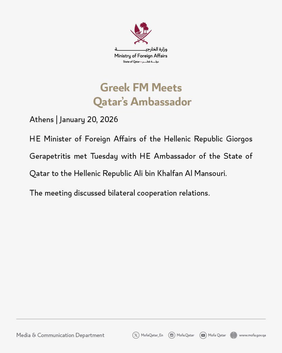 MofaQatar_EN's tweet photo. Greek FM Meets Qatar's Ambassador

#MOFAQatar https://t.co/flShcJNXTk
