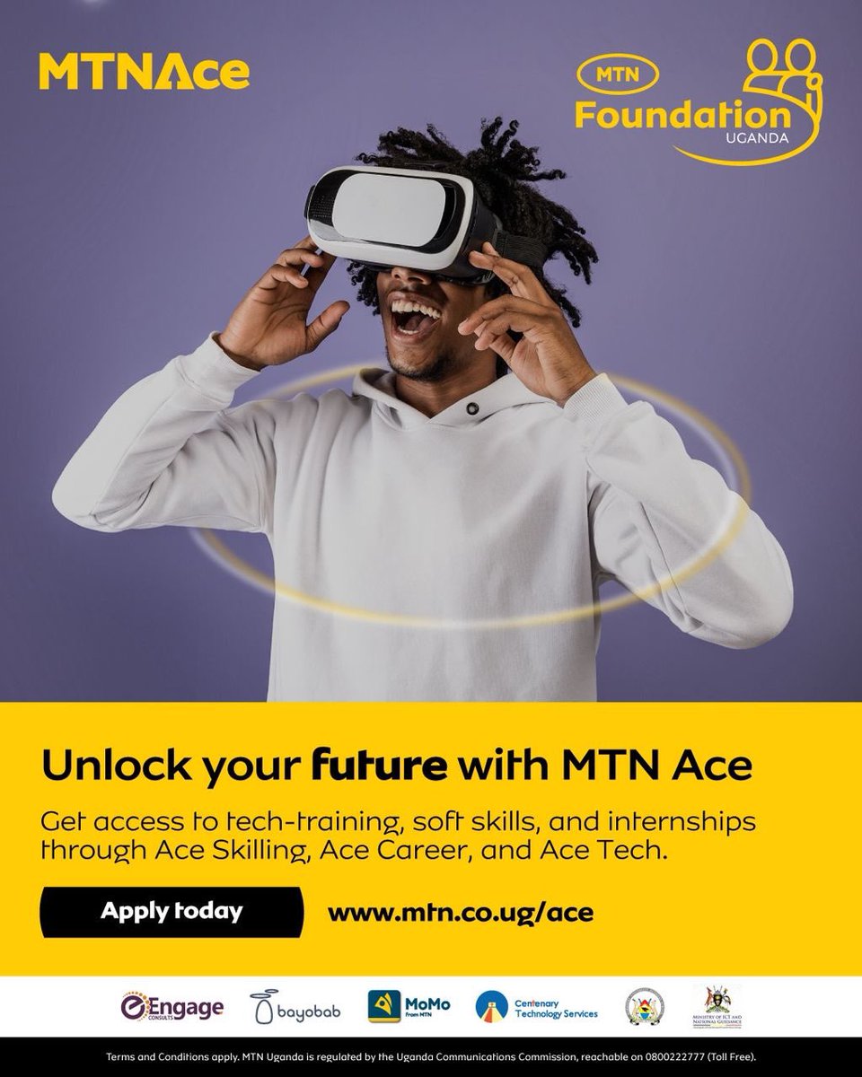 Here’s a chance for all innovators, graduates and Entrepreneurs to unlock their potential with #MTNAce applications  before it closes on Friday.
Apply Now Via 👉 mtn.co.ug/ace

#MTNFoundation #TogetherWeAreUnstoppable