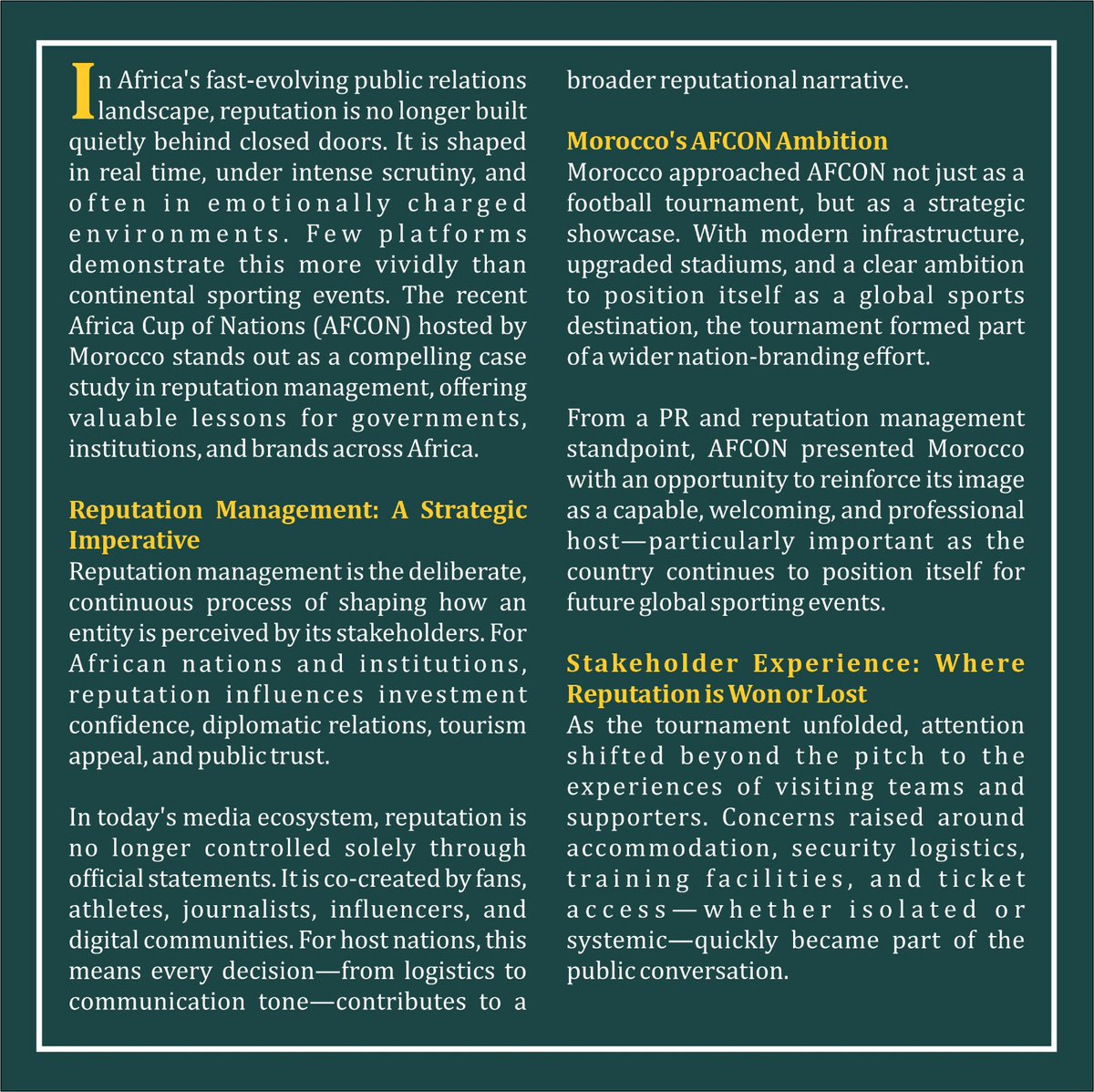 prtimesafrica's tweet image. AFCON Morocco showed it: reputation is built in real time. Big events amplify strengths and flaws, and perception often matters more than facts. Transparency, fairness &amp;amp; stakeholder trust are key. #AFCON2025 #ReputationMatters #PRStrategy #AfricaRising #CrisisManagement #Branding