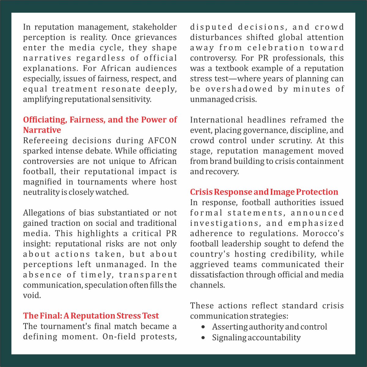 prtimesafrica's tweet image. AFCON Morocco showed it: reputation is built in real time. Big events amplify strengths and flaws, and perception often matters more than facts. Transparency, fairness &amp;amp; stakeholder trust are key. #AFCON2025 #ReputationMatters #PRStrategy #AfricaRising #CrisisManagement #Branding