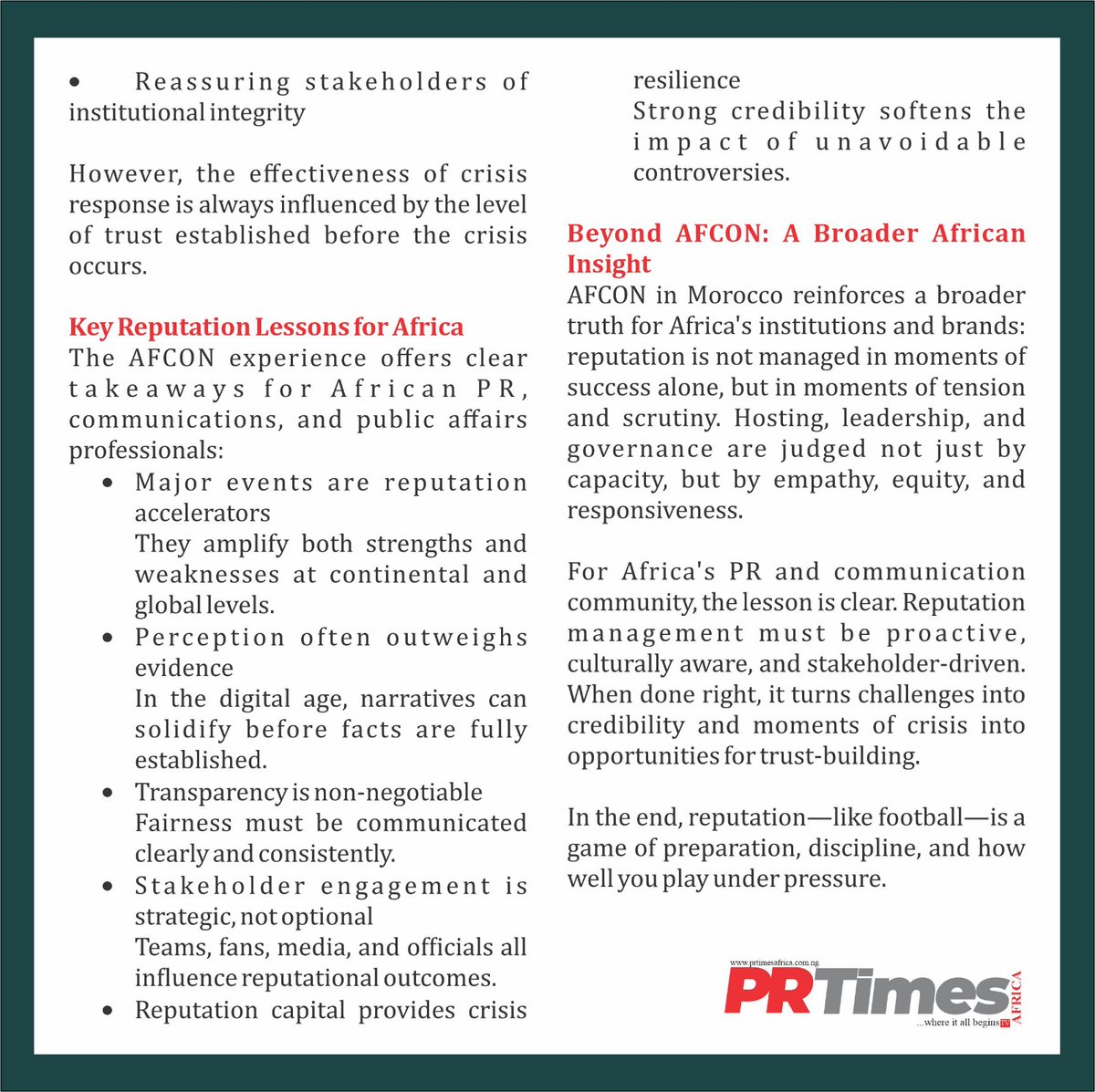 prtimesafrica's tweet image. AFCON Morocco showed it: reputation is built in real time. Big events amplify strengths and flaws, and perception often matters more than facts. Transparency, fairness &amp;amp; stakeholder trust are key. #AFCON2025 #ReputationMatters #PRStrategy #AfricaRising #CrisisManagement #Branding