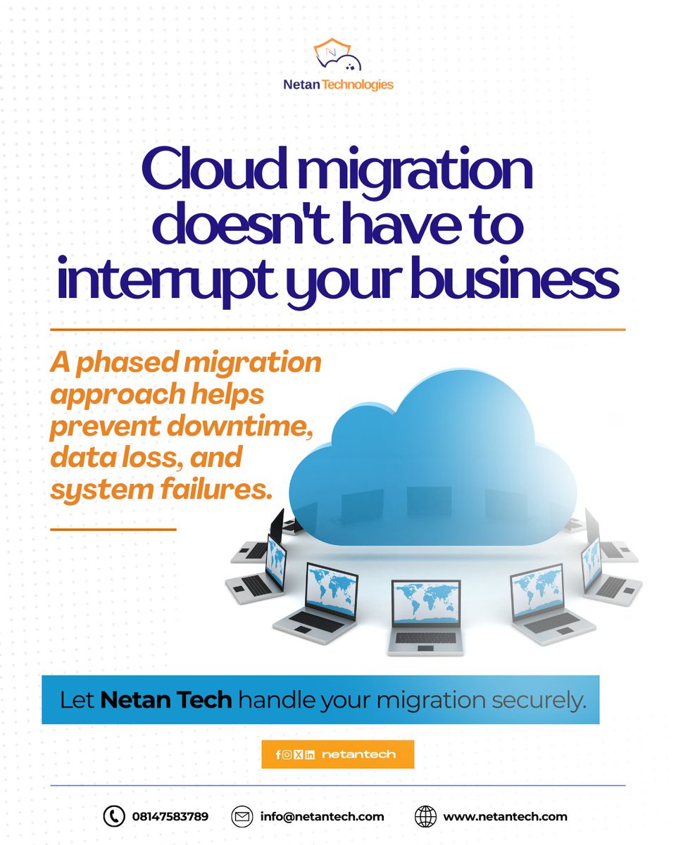 NetanTech's tweet photo. Cloud migration doesnβt have to interrupt your business.
A phased migration approach helps prevent downtime, data loss, and system failures.
Let Netan Tech handle your migration securely. Send a DM TODAY
#CloudMigrationTips #NetanTech #digitaltransformation #davolee #AFCON2025 https://t.co/5rvkVrIoWF