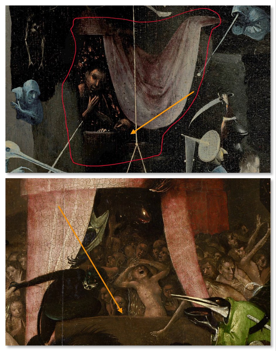 <a href="/boschbot/">BoschBot</a> THE STRUCTURES WITH THE TENT CURTAINS
are here interpreted as bath tubs.
Seen as a sinful place, so the water will be cooking now.
Painted by Hieronymus Bosch &amp; Studio, ca.1500.

TOP: Garden triptych (enhanced).
BOTTOM: Last Judgment/Vienna.