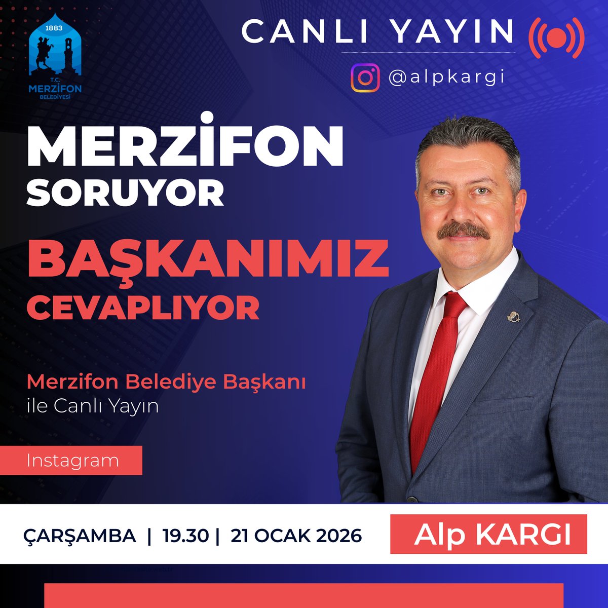 🔴 CANLI YAYINDA BULUŞUYORUZ!

Instagram canlı yayınında hemşehrilerimizin sorularını yanıtlayacağız. Katılın, sorun, birlikte konuşalım.

📅 21 Ocak 2026 Çarşamba
🕢 Saat: 19.30
📍 Instagram: <a href="/alpkargi/">Alp Kargı</a>
