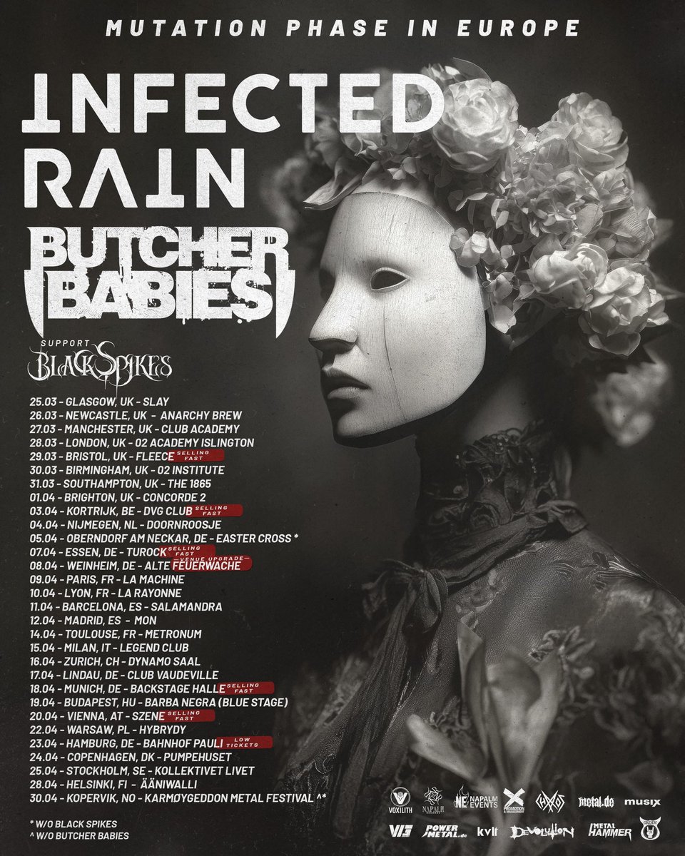 ButcherBabies's tweet image. ‼️VENUE UPGRADE‼️ 
Weinheim, DE (08.04), due to popular demand, our show with @infectedrain &amp;amp; @blackspikes_band has been upgraded to @AFW_Mannheim. 
And many other dates are well on their way to selling out. 🤘🤘
Snag your tickets &amp;amp; vip upgrades @ butcherbabies.com before…