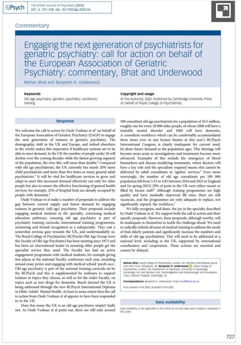 Pleased to share our <a href="/BJPsych/">Bettye Jo Bell</a> commentary calling for urgent action to engage the next generation of psychiatrists in old age Psychiatry.
Older adults deserve a skilled, valued and growing workforce and we must invest in training, mentorship &amp; leadership <a href="/rcpsych/">Royal College of Psychiatrists</a> <a href="/rcpsychOldAge/">Old Age Psychiatry 🌈</a>