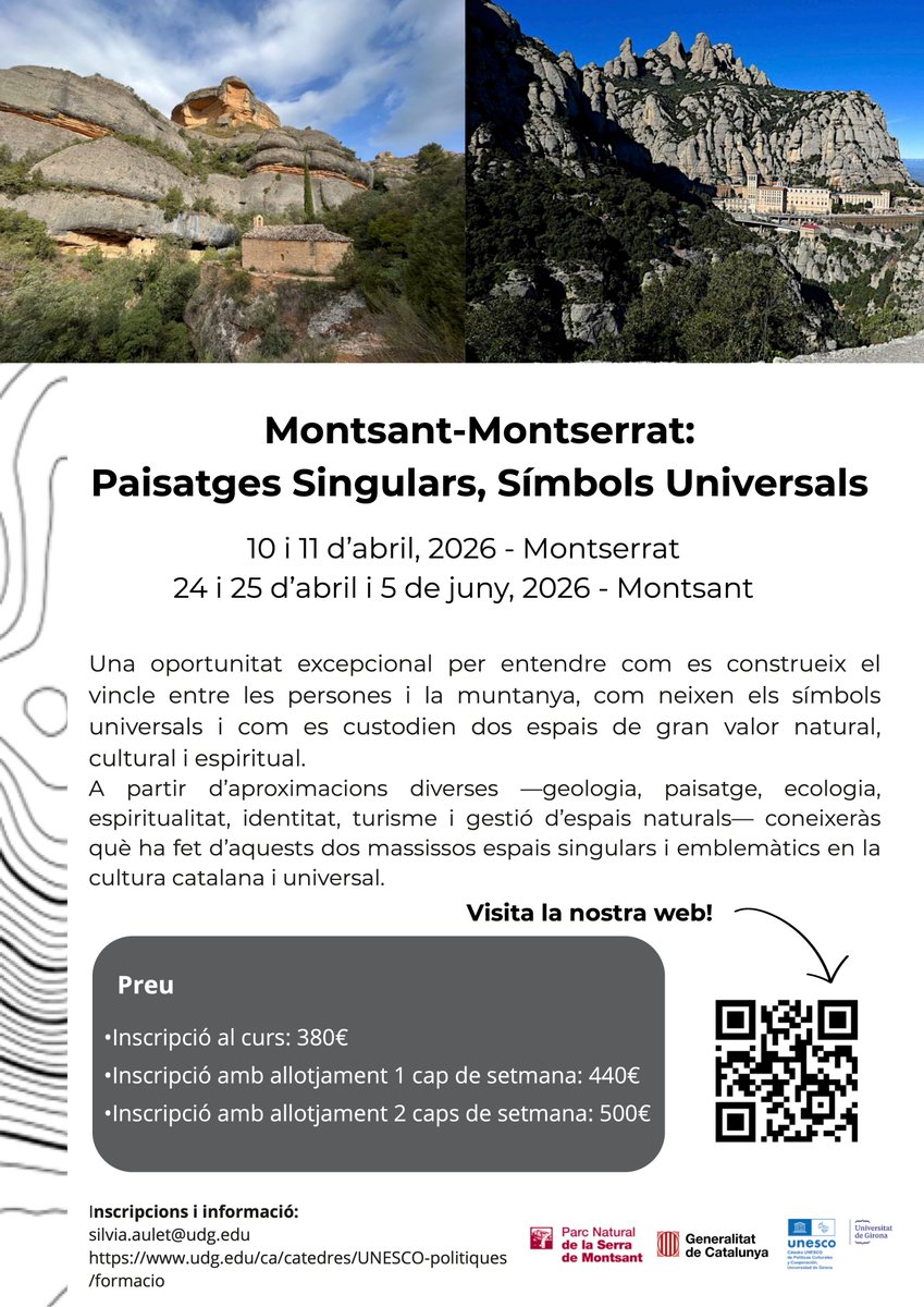 ritchiefmtw's tweet photo. La Càtedra UNESCO de Polítiques Culturals i Cooperació de la UdG i el Parc Natural de la Serra de Montsant promouen el curs "Montsant-Montserrat: Paisatges Singulars, Símbols Universals", que tinc la sort de codirigir.
Més informació i inscripcions a: https://t.co/vX1Xy1bMMy https://t.co/FGcqJWXsZ0
