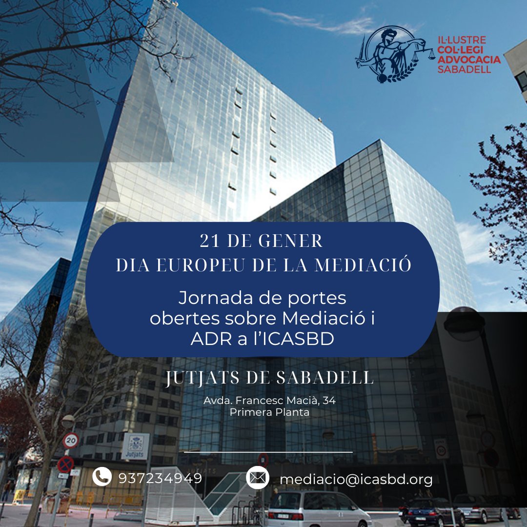 Demà, 21 de gener, Dia Europeu de la Mediació, l'<a href="/icasbd/">Advocacia Sabadell</a> ha programat, entre les 10 i les 13h, una JORNADA DE PORTES OBERTES SOBRE MEDIACIÓ i ADR,  adreçada a la ciutadania, que tindrà lloc als Jutjats  de Sabadell (Eix Macià). 

Més informació aquí: icasbd.org/ca/noticies/me…
