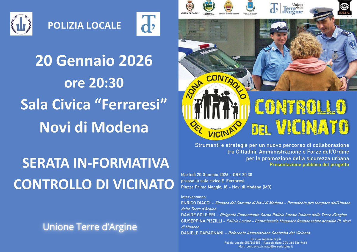 PMTerredargine's tweet photo. #PLInforma #20Gennaio questa sera alla sala civica "Ferraresi" a #NovidiModena serata d'informazione per presentare al pubblico il nuovo Progetto #Controllodivicinato #plfacciamo #sicurezzaurbana https://t.co/MN82znioaz