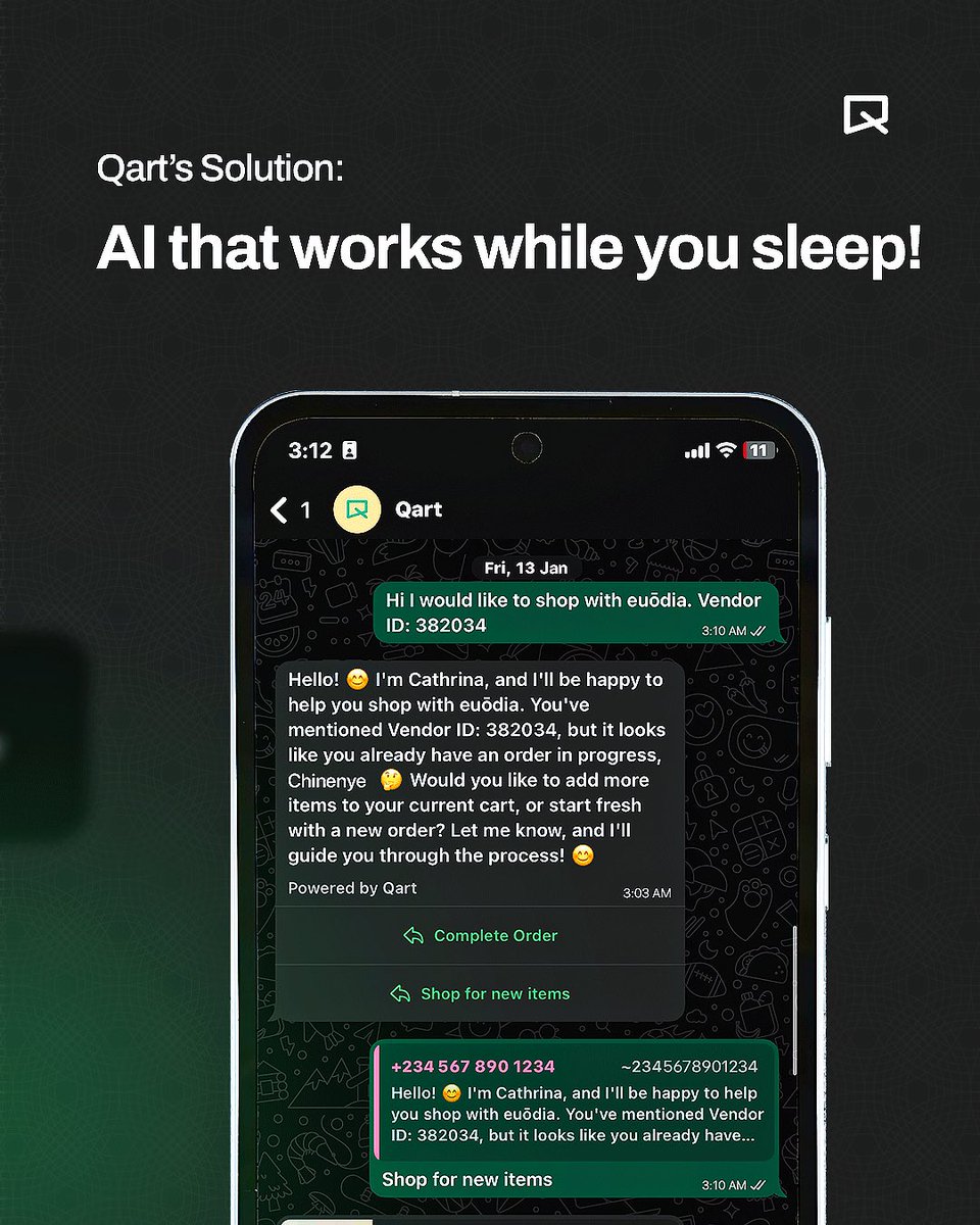 useqart's tweet photo. POV: It's 3am &amp; a customer has a question about your product.

Without QART: They wait. They might forget, or buy from someone who responds faster.

With QART: Your AI sales agent answers immediately. Provides product details. Processes the order. You wake up to a completed sale. https://t.co/5YEv2LyydE