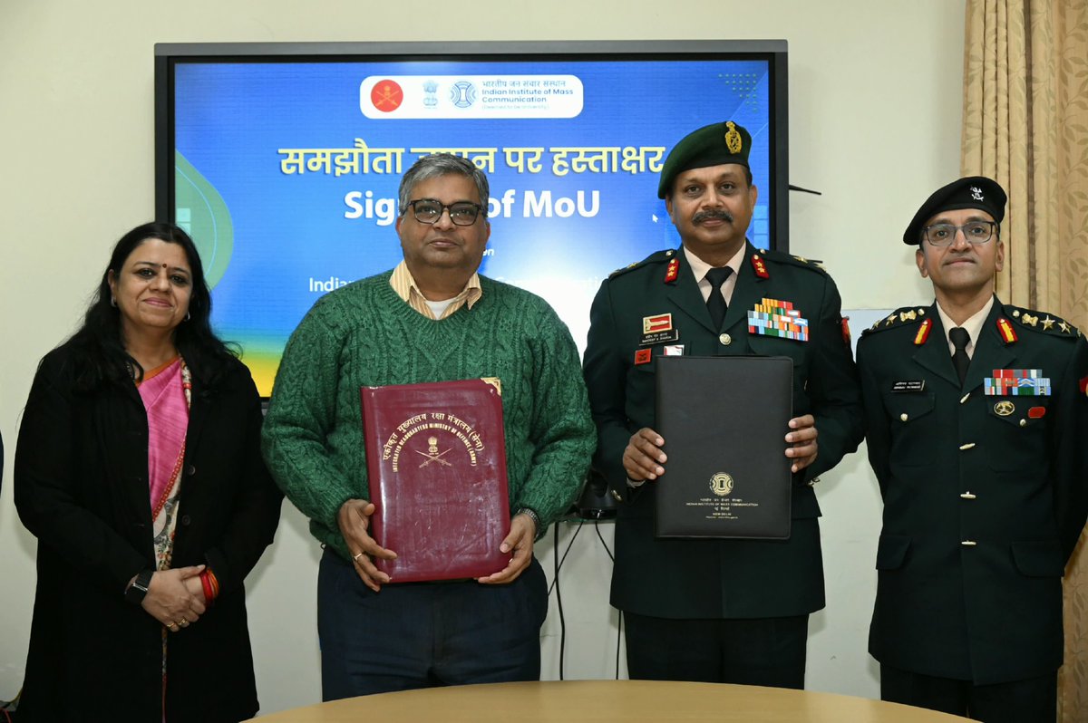 Indian Army has today signed a Memorandum of Understanding (MoU) with Indian Institute of Mass Communication (IIMC) for development of capabilities in the field of strategic communications.

Under the MoU, Indian Army and  IIMC will undertake capability-building and cooperation