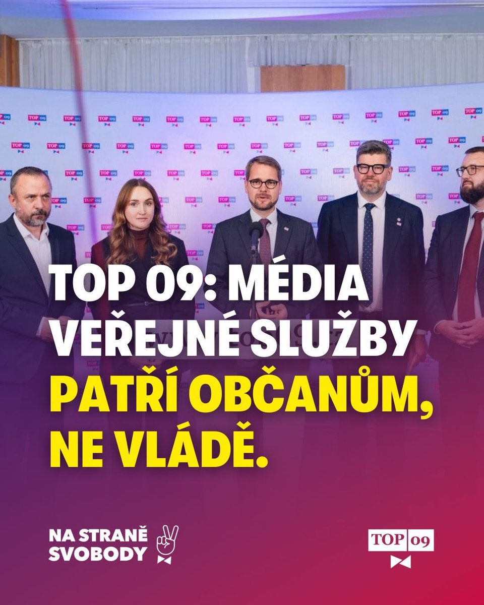TOP09cz's tweet image. Předsednictvo TOP 09 vyjadřuje vážné znepokojení nad kroky nové vlády složené z hnutí ANO, SPD a Motoristů, která připravuje zrušení televizních a rozhlasových poplatků a tím zásadní zásah do fungování médií veřejné služby v České republice.

Předsednictvo TOP 09 proto:
1. odmítá…
