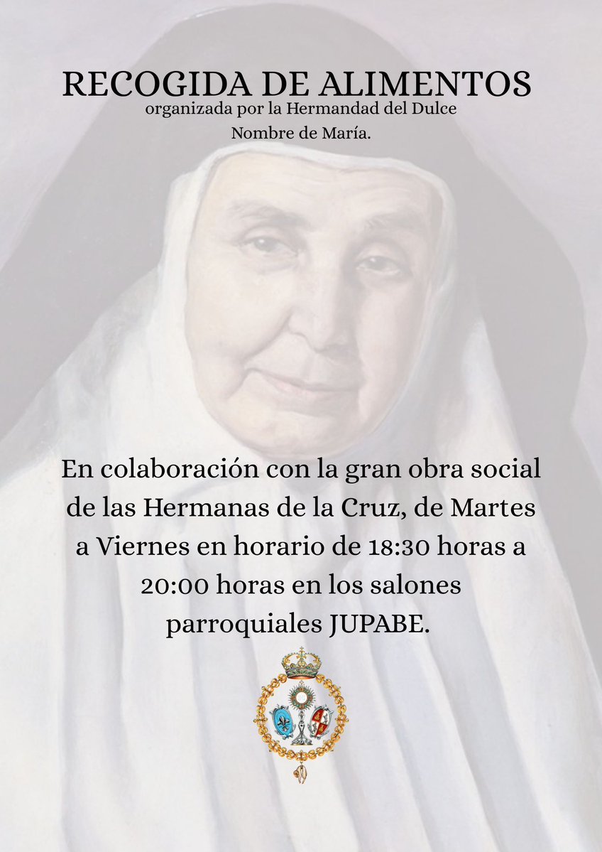 CARIDAD | Desde la Diputación de Caridad se ha impulsado una recogida de alimentos en los salones parroquiales JUPABE en colaboración con la gran obra social que realizan las Hermanas de la Cruz. 

Comienza hoy y se extenderá de martes a viernes en horario de 18:30h a 20:00h.