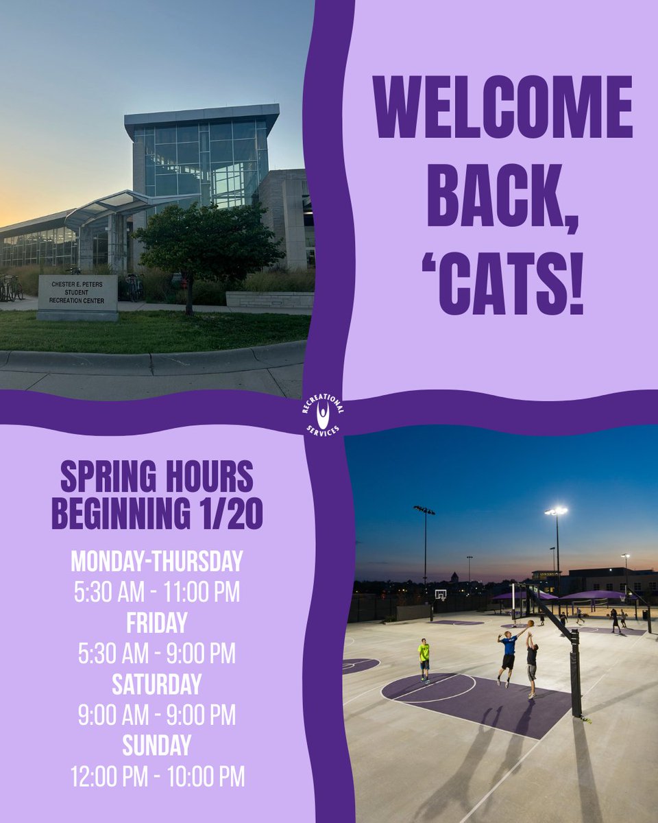 Welcome back, Wildcats! 💜
Spring Semester starts now—new goals, new gains, same Rec energy.
We’ll see you at the Rec! 💪🐾
#KStateRec #Spring2026